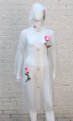 Vinyl Raincoat Slicker With Hood & Felt Flowers, 1960's