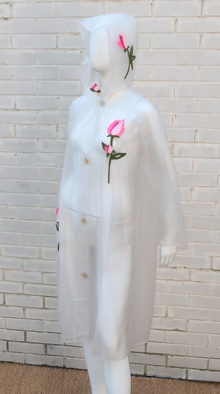 Vinyl Raincoat Slicker With Hood and Felt Flowers, 1960's at 1stDibs
