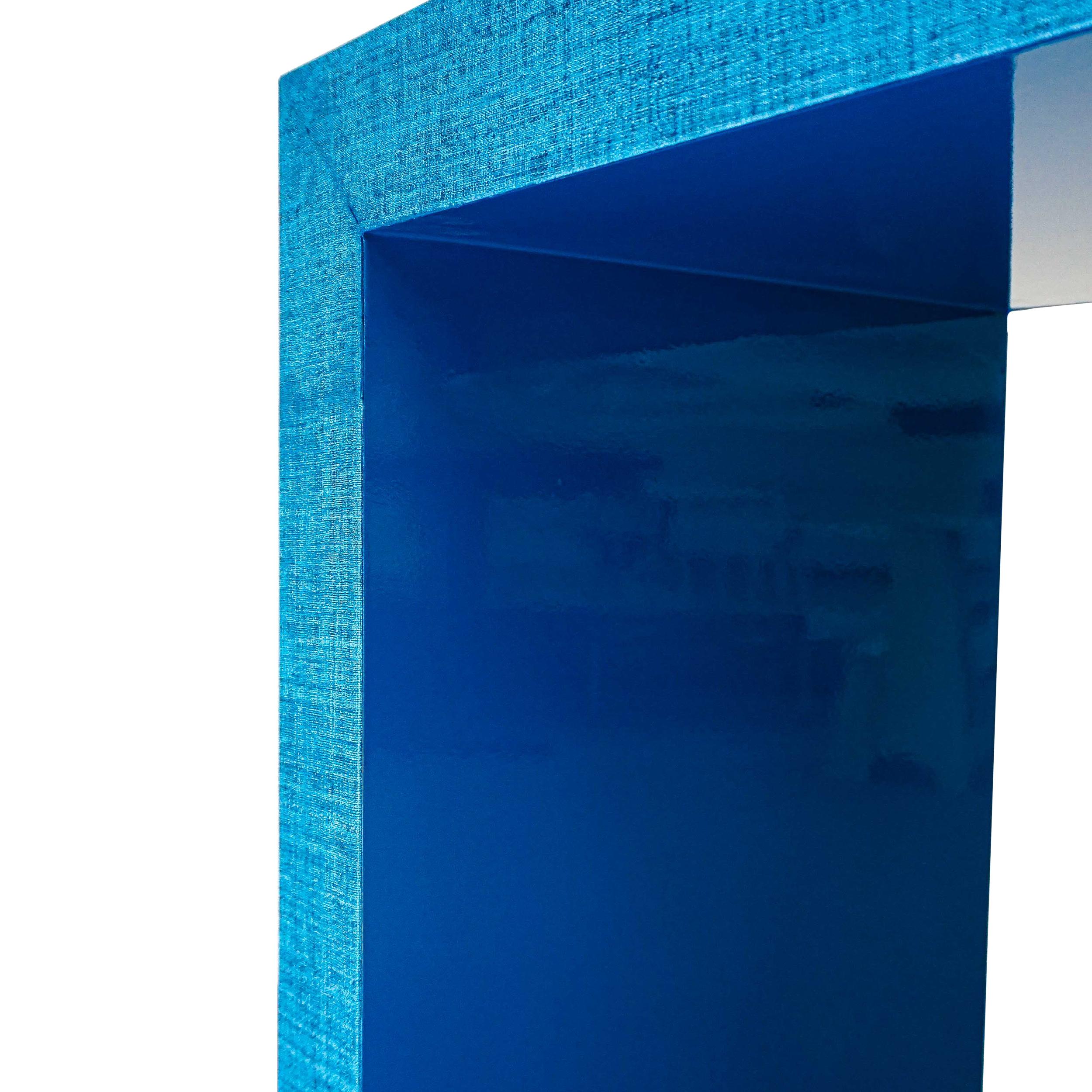 Vinyl Waterfall Console with Deep Blue Lacquered Underside For Sale 4