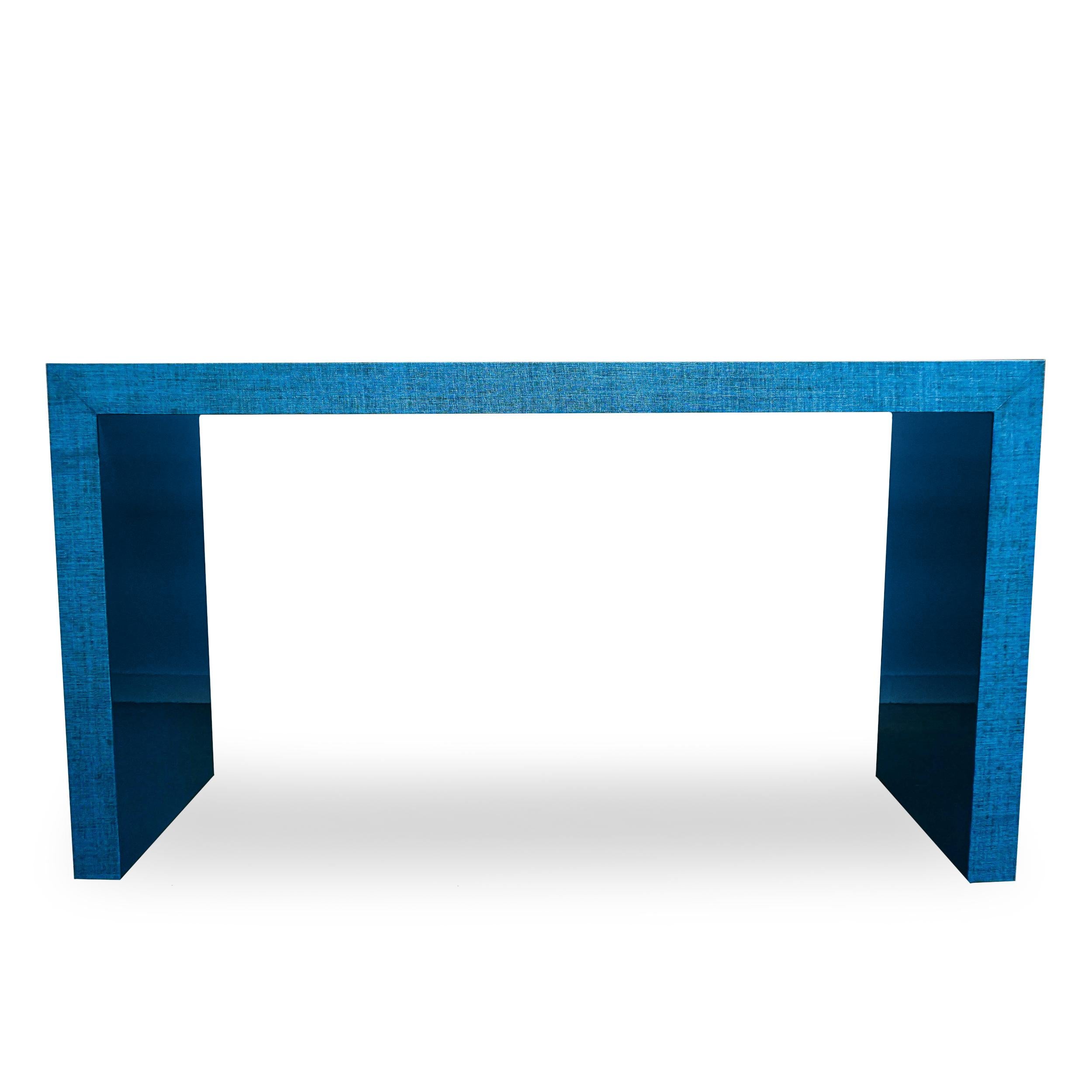 blue grasscloth console table