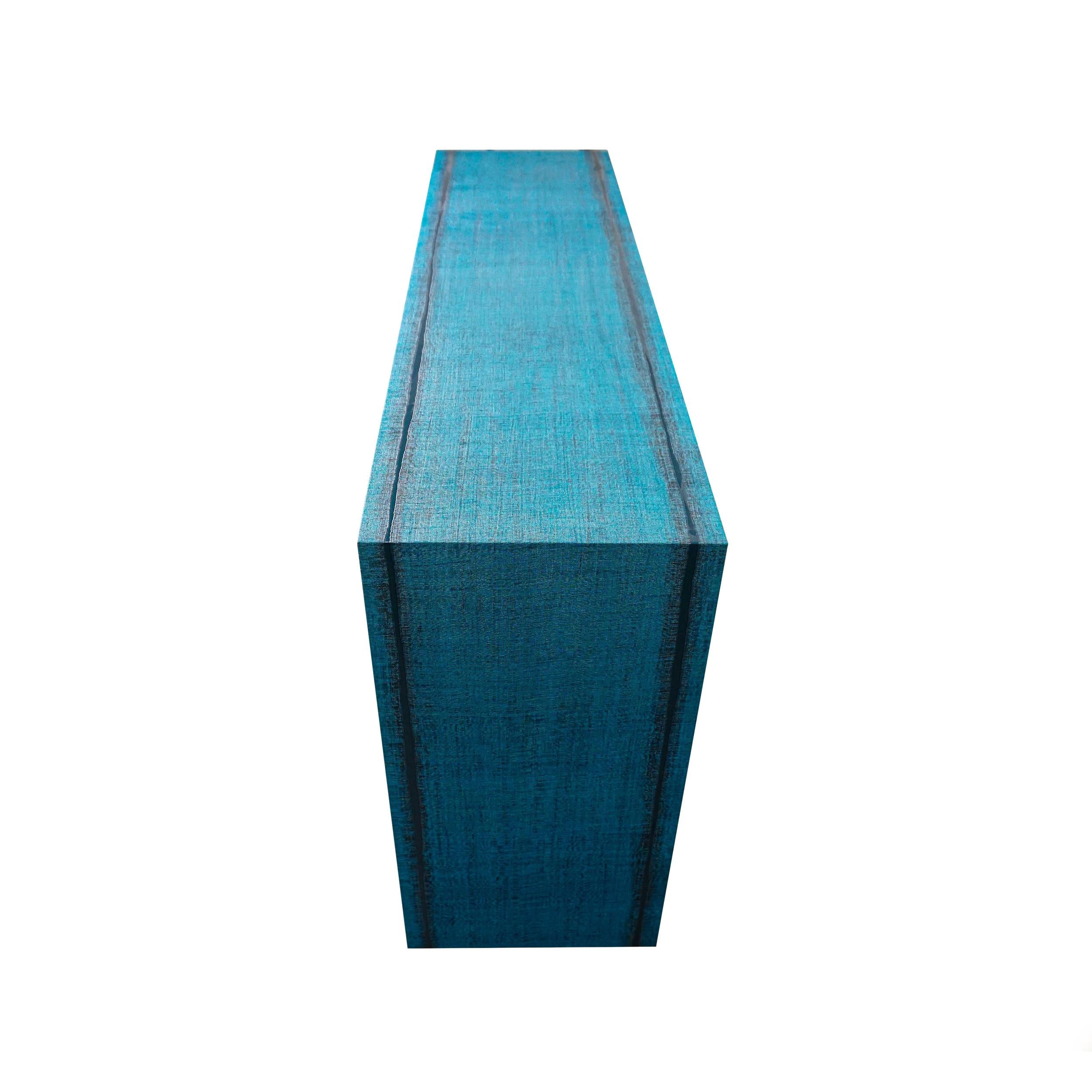 Contemporary Vinyl Waterfall Console with Deep Blue Lacquered Underside For Sale