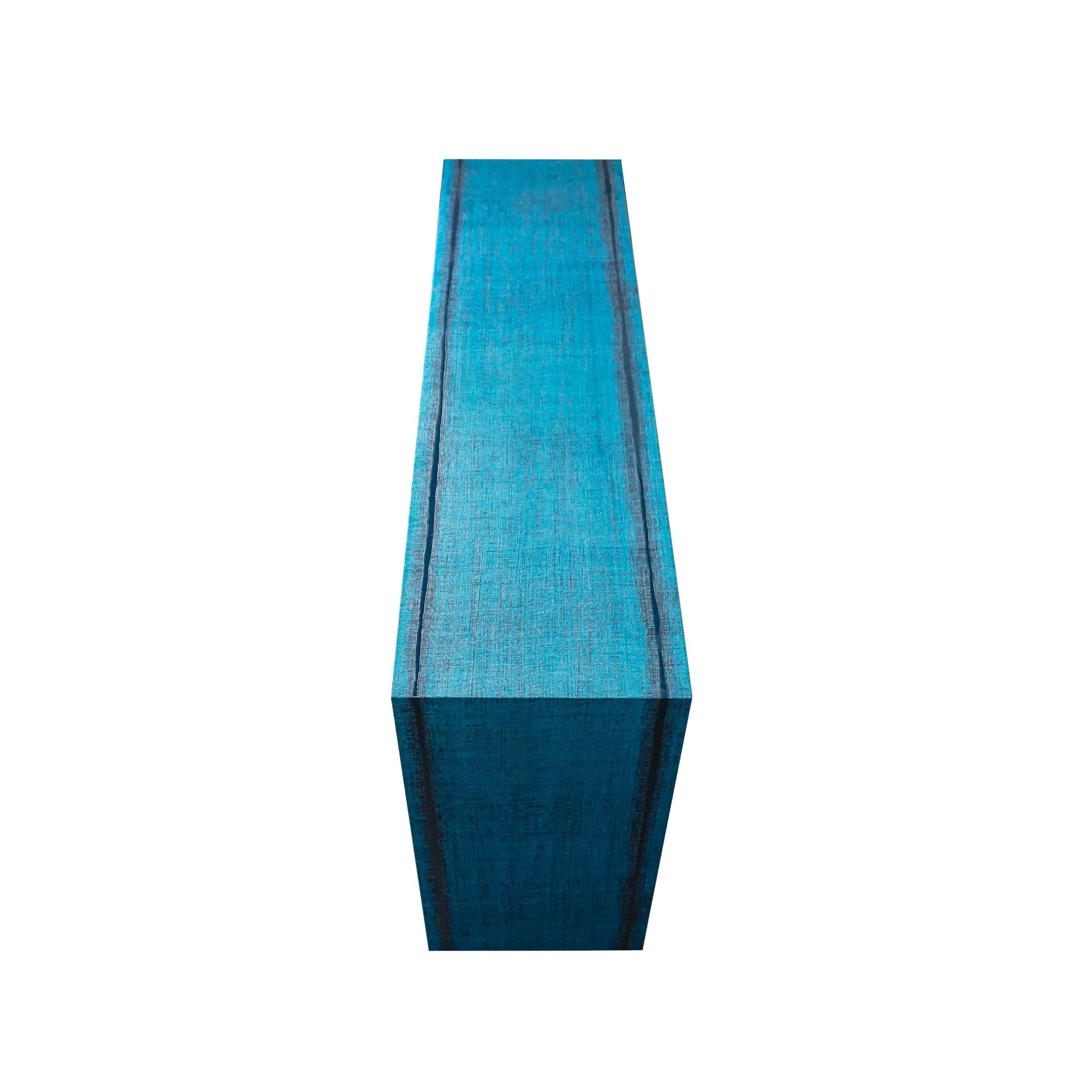 Vinyl Waterfall Console with Deep Blue Lacquered Underside For Sale 1