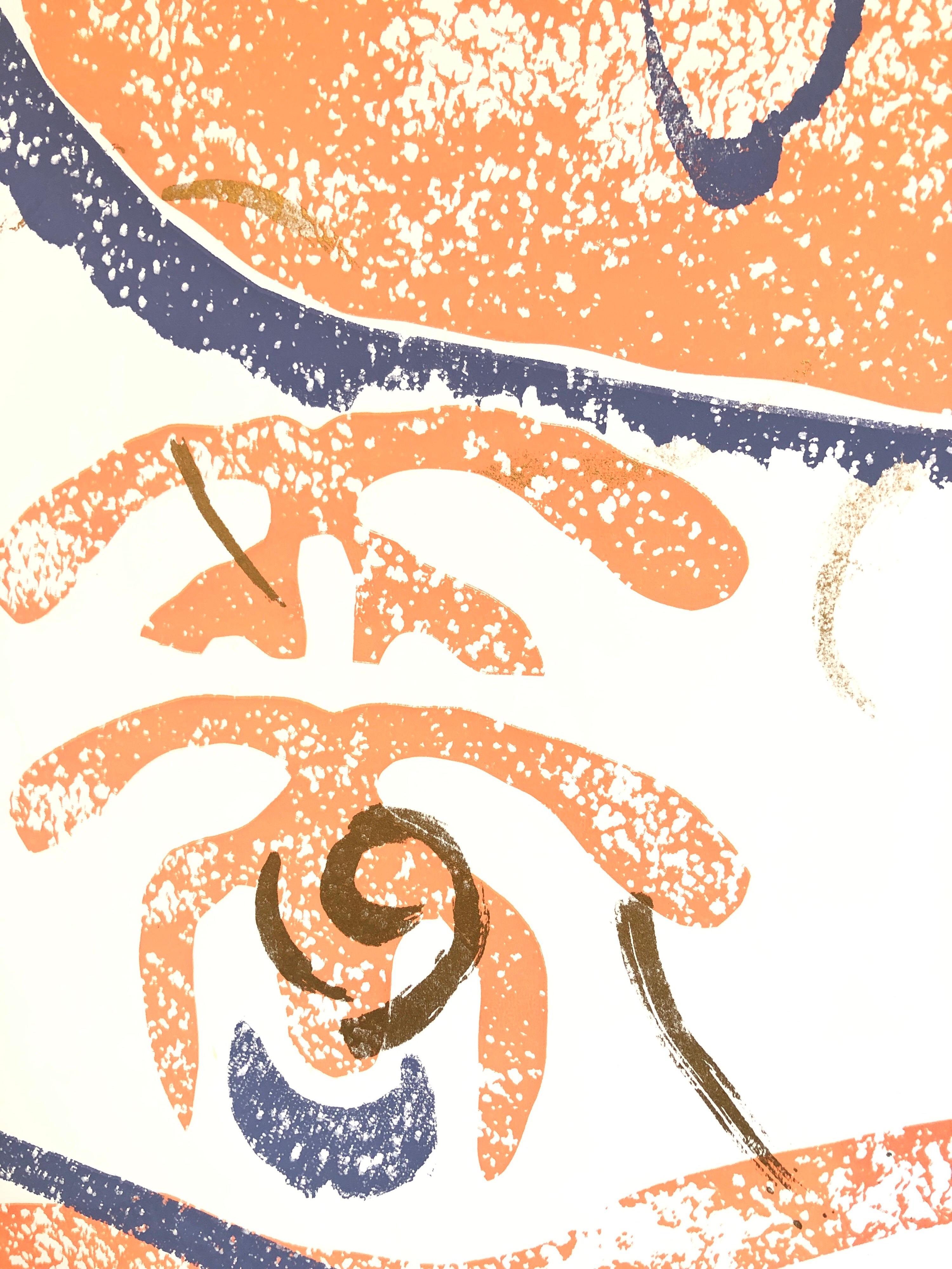 Motif (Abstract) in orange, blue and gold abstract.
From the small edition of 10. from 1982. I am not sure if this is a woodcut or woodblock print or a silkscreen screenprint or some combination. 

Viola Burley Leak, American (1944 - )
Viola Leak