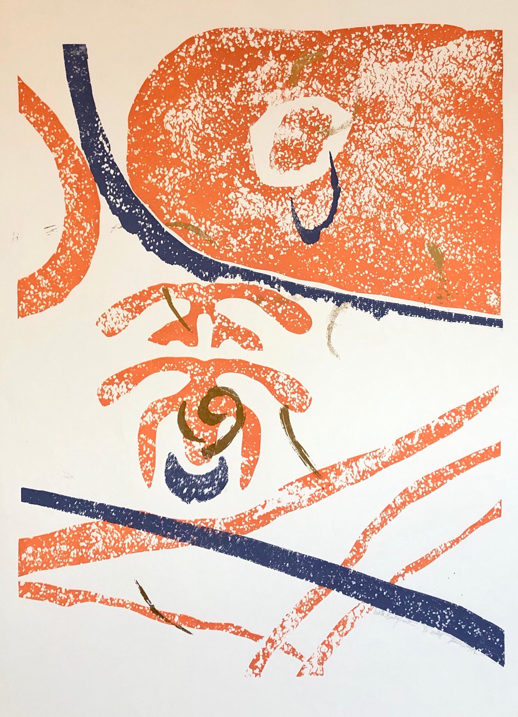 Viola Burley Leak Abstract Print – Abstrakter amerikanischer Viola Leak-Holzschnitt-Seidendruck mit Goldmotiv