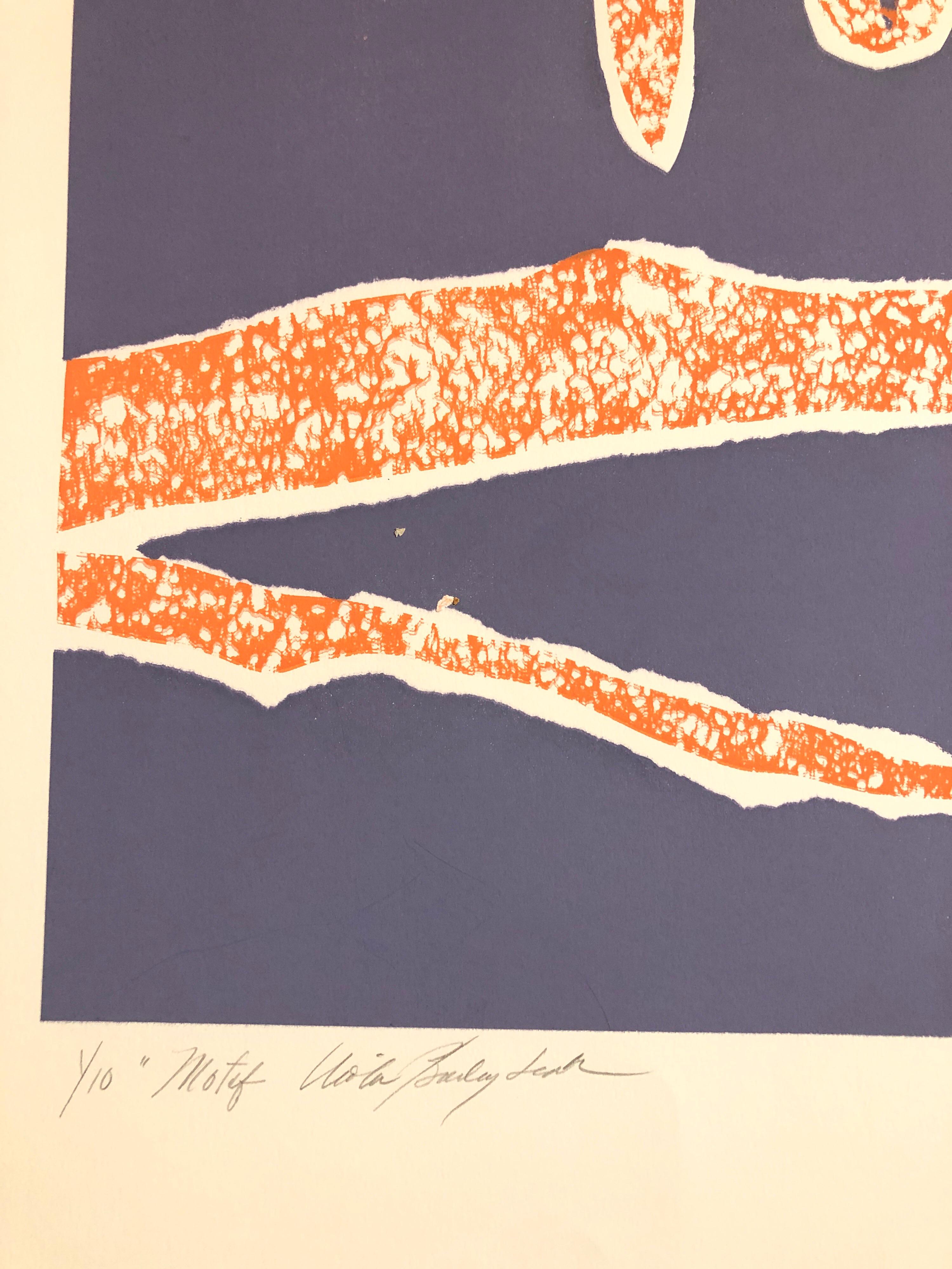 orange-blauer, afrikanischer, amerikanischer Viola Leak-Holzschnitt-Seidendruck (Zeitgenössisch), Print, von Viola Burley Leak
