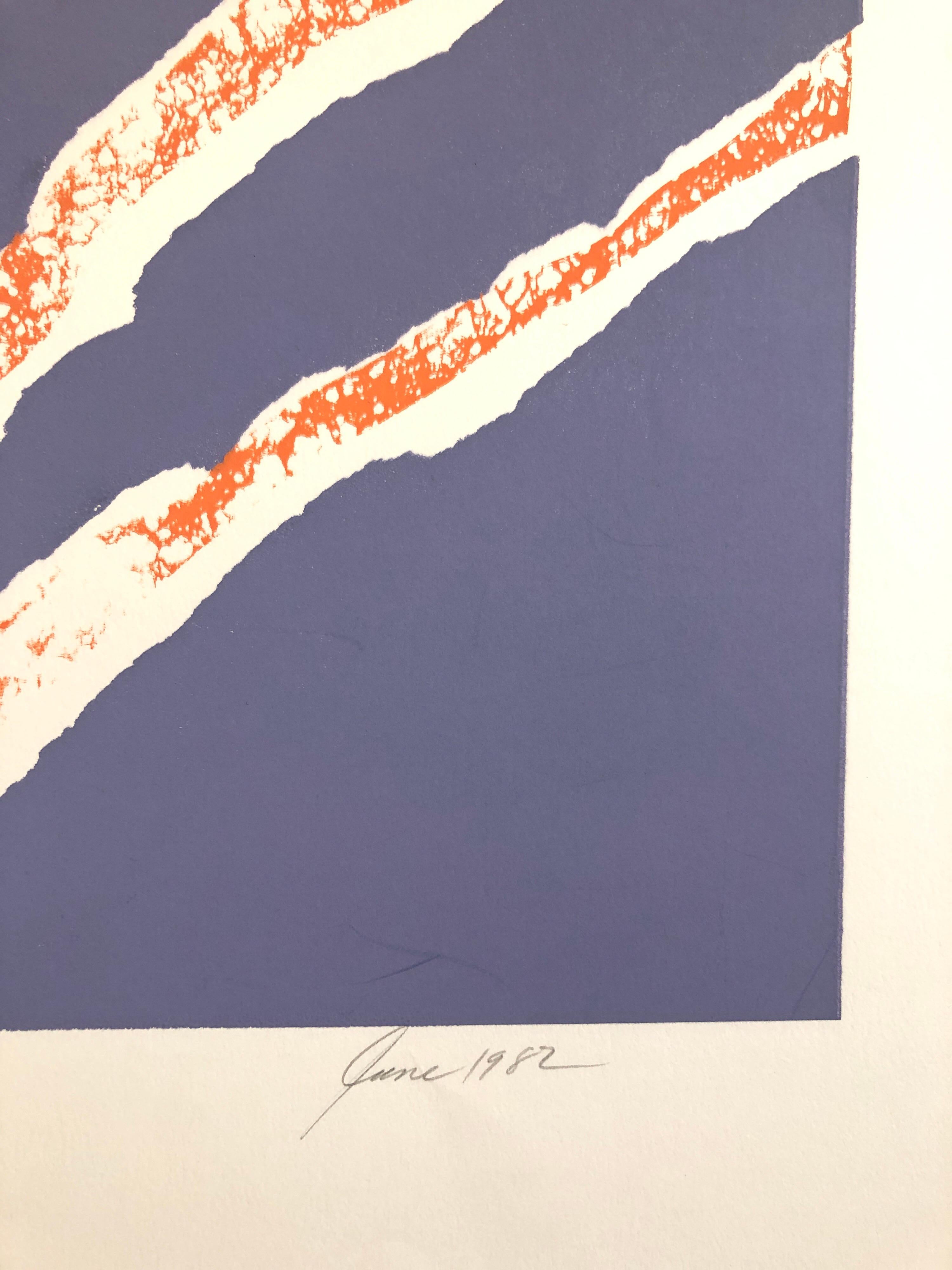 Motiv (Abstrakt) in orange und blau abstrakt.
Aus der kleinen Auflage von 10. von 1982. Ich bin mir nicht sicher, ob es sich um einen Holzschnitt oder Holzschnitt oder einen Siebdruck oder eine Kombination davon handelt. 

Viola Burley Leak,