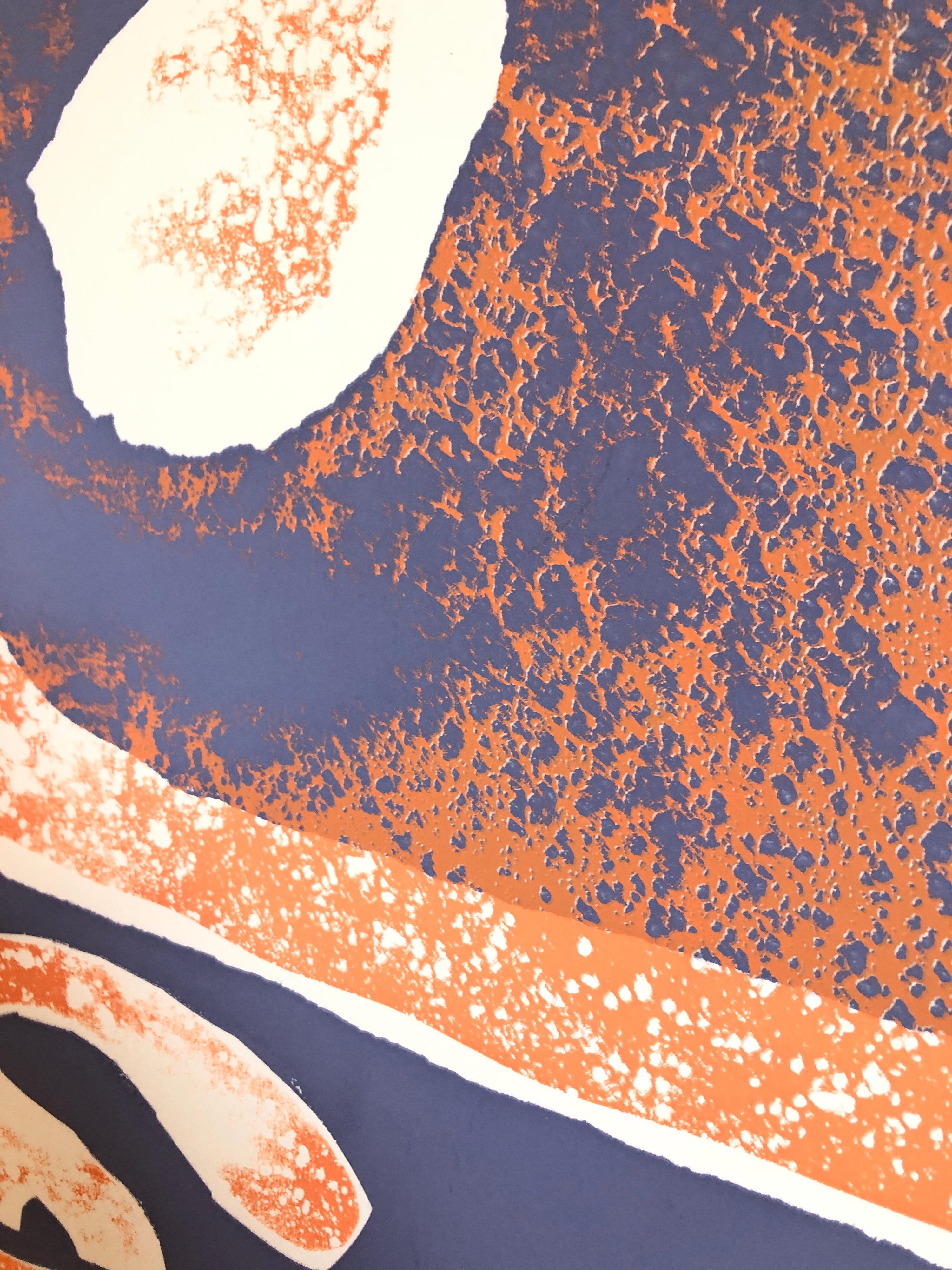 orange-blauer, afrikanischer, amerikanischer Viola Leak-Holzschnitt-Seidendruck im Angebot 1
