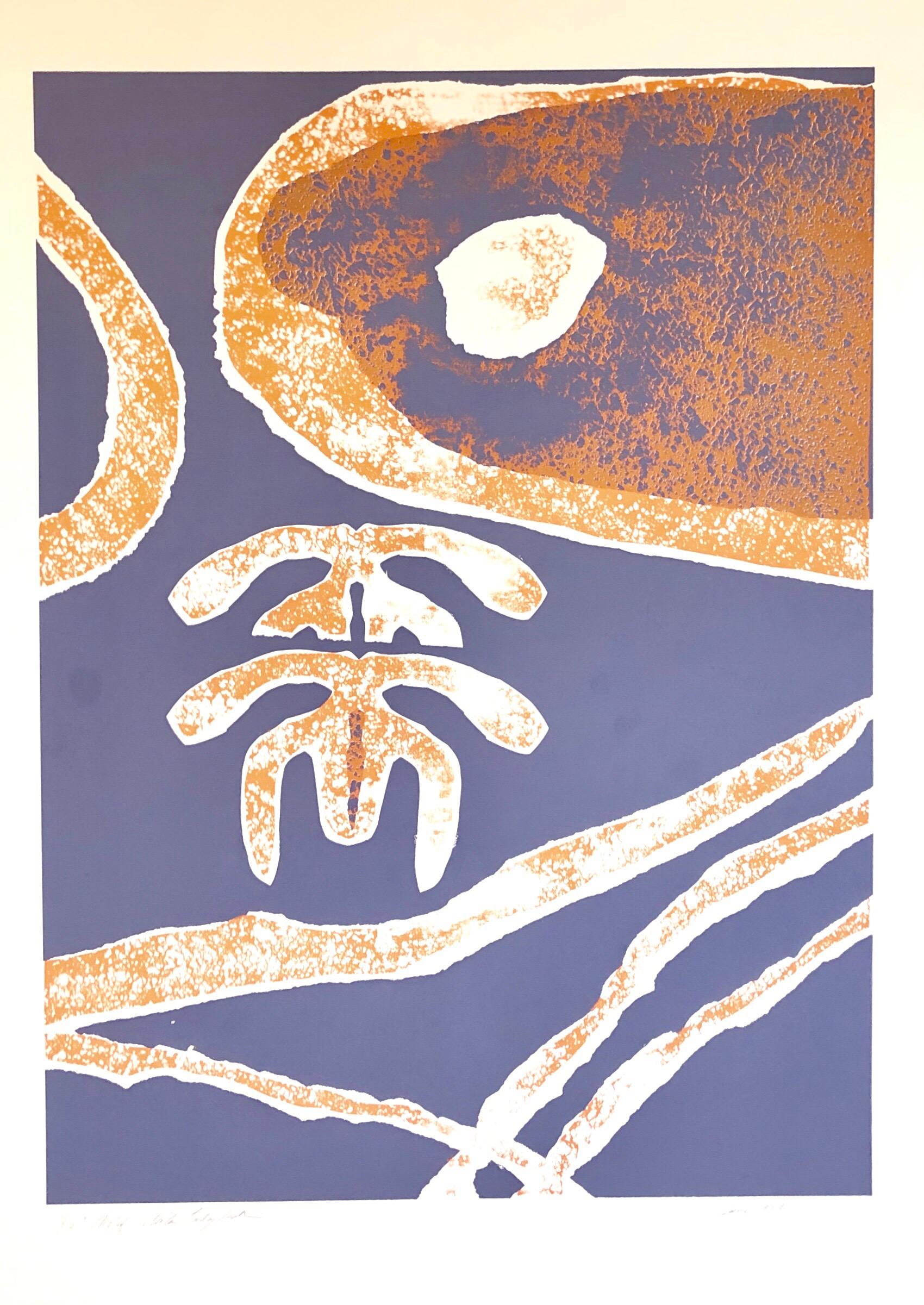 Viola Burley Leak Figurative Print – orange-blauer, afrikanischer, amerikanischer Viola Leak-Holzschnitt-Seidendruck