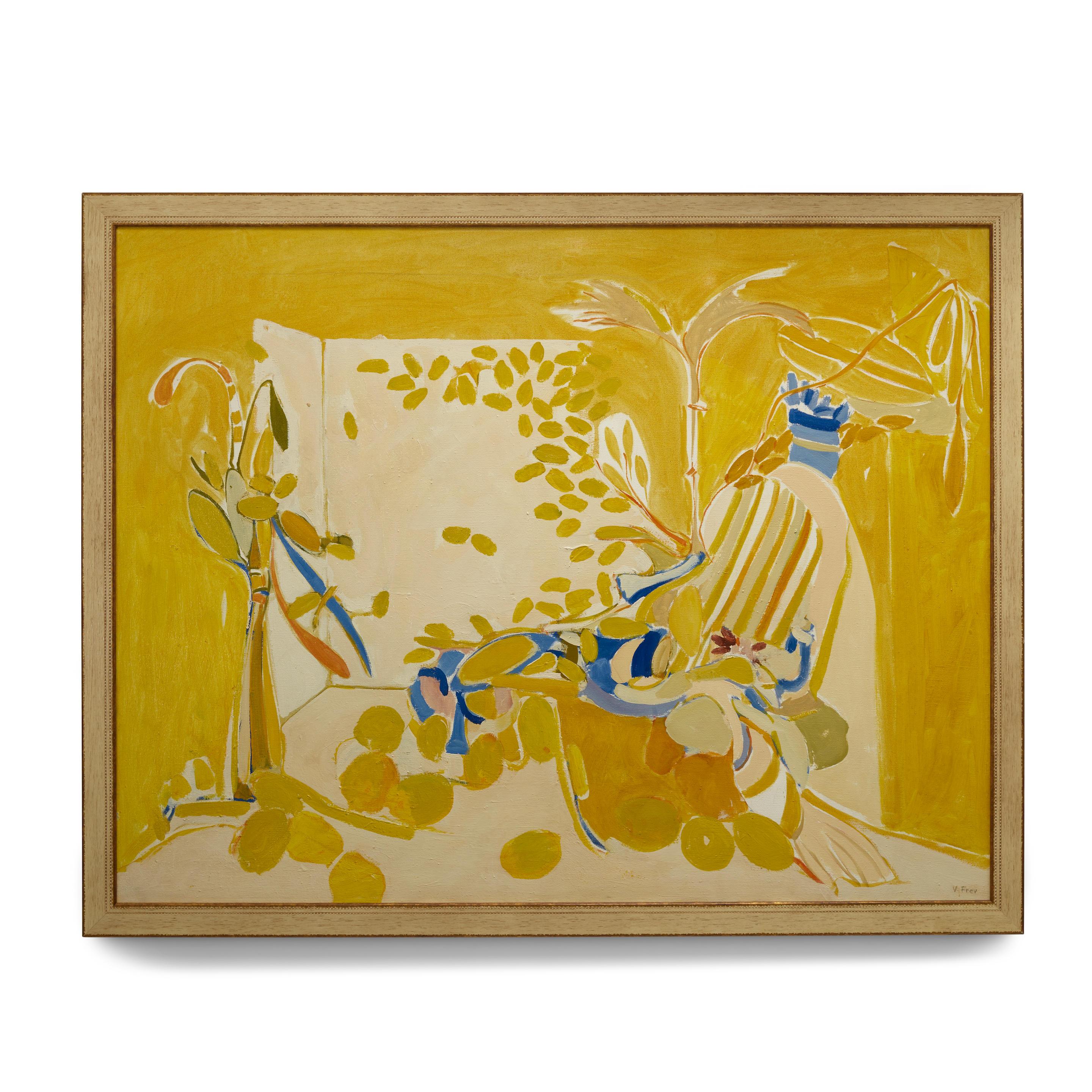 VIOLA FREY (1933-2004)
Rare nature morte jaune
1966
huile sur toile, signée "V.I.I." en bas à droite. Frey" en bas à droite
34 x 44in (86.3 x 111.8cm)
Provenance - The Nevica Project, Chicago
Cette œuvre est enregistrée auprès de la Fondation du