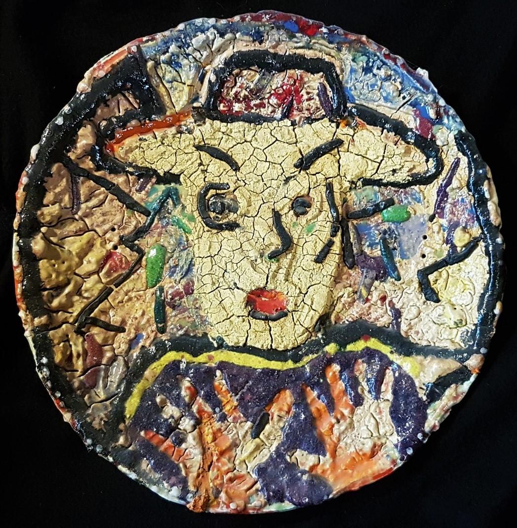 Viola Frey Figurative Sculpture - Untitled (Portrait of a Woman with Hat  Charger, Platter)