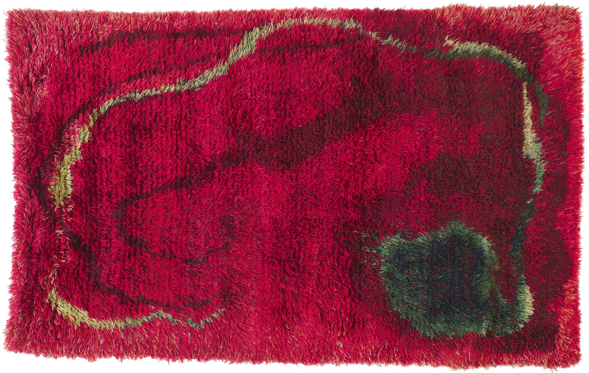 78474 Vintage Swedish Rya Rug, 04'10 x 07'09. A traditional Swedish Rya rug, originating from Sweden, is distinguished by its long pile, typically crafted from wool and featuring a specific knotting technique known as 