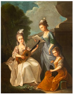 Peinture à l'huile sur toile italienne rococo - Portrait de jeunes femmes dans un paysage de jardin