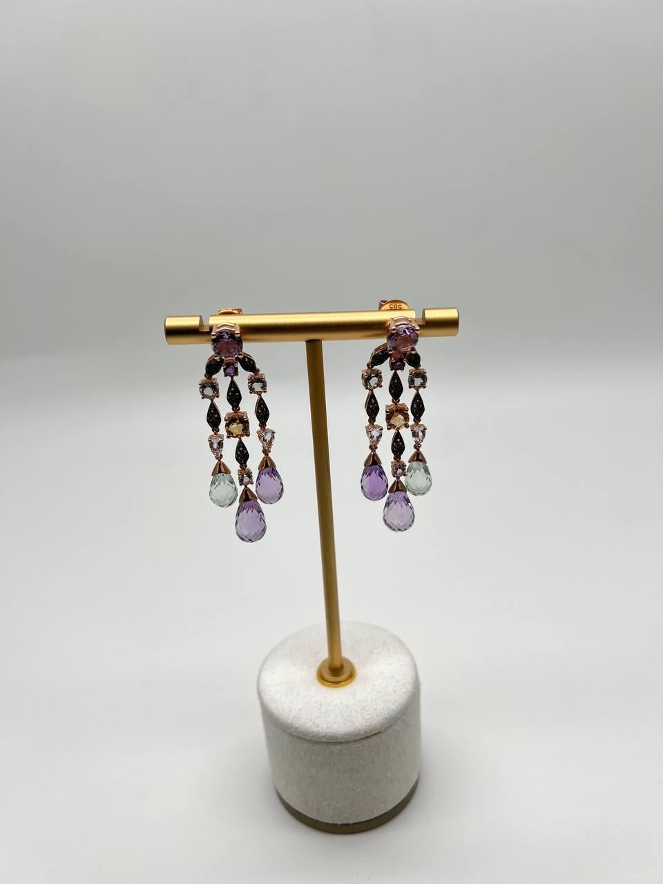 Violet Amethyst Blue Topaz Citrine Green Prasiolite 14K Rose Gold Drop Earrings For Sale 5