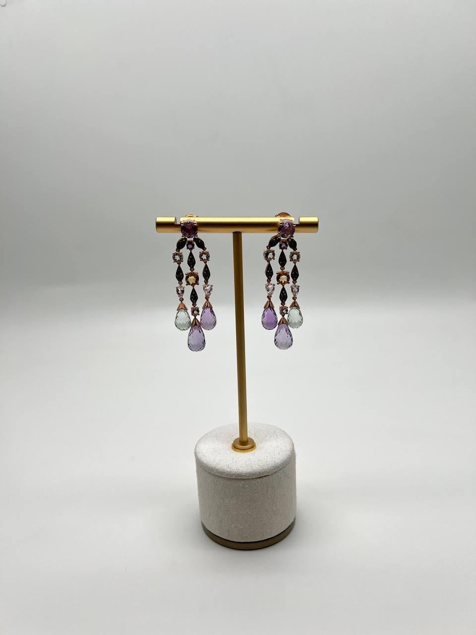 Violet Amethyst Blue Topaz Citrine Green Prasiolite 14K Rose Gold Drop Earrings For Sale 6