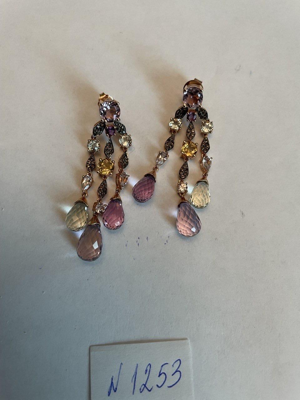 Violet Amethyst Blue Topaz Citrine Green Prasiolite 14K Rose Gold Drop Earrings For Sale 9