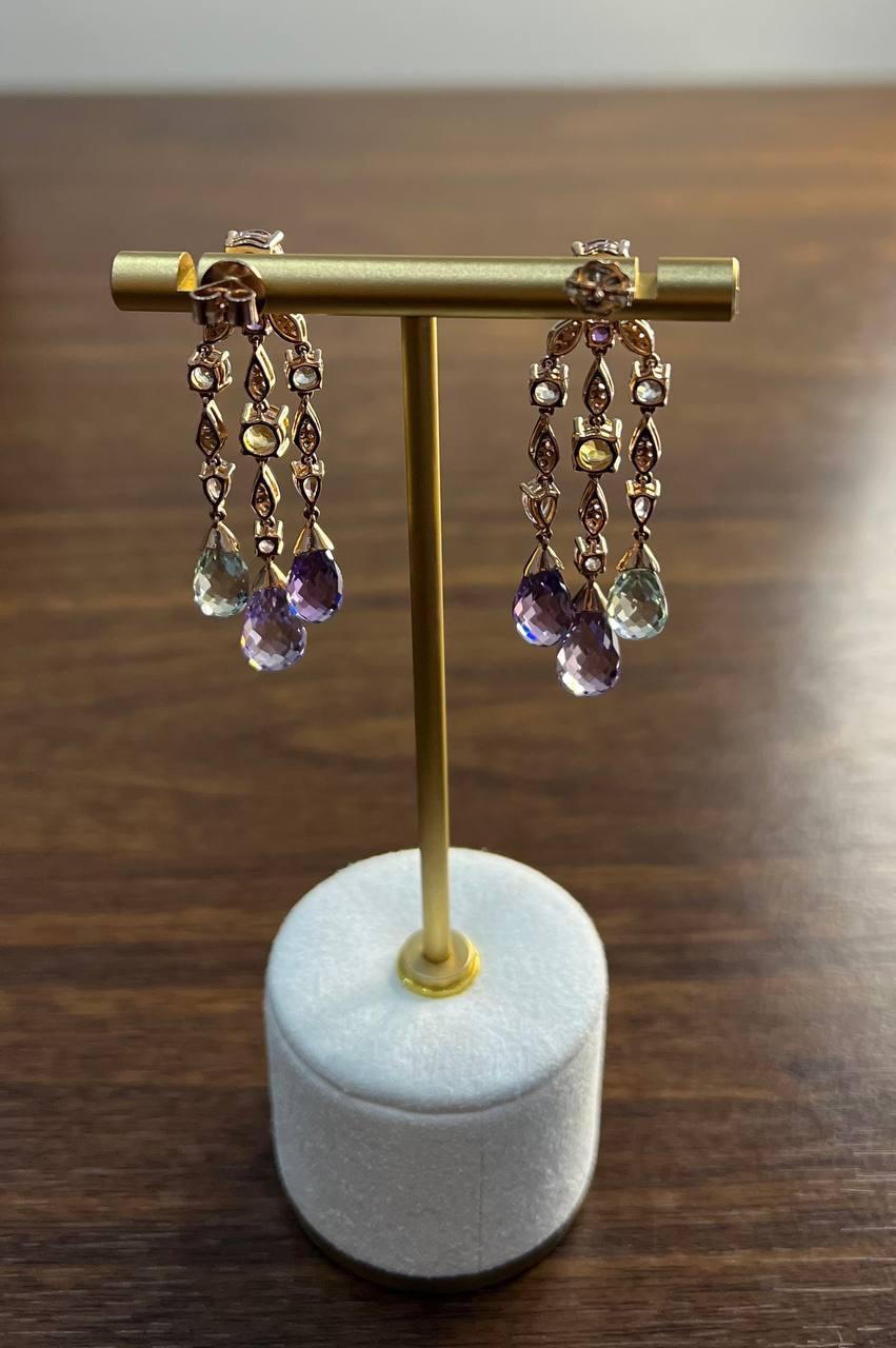 Mixed Cut Violet Amethyst Blue Topaz Citrine Green Prasiolite 14K Rose Gold Drop Earrings For Sale
