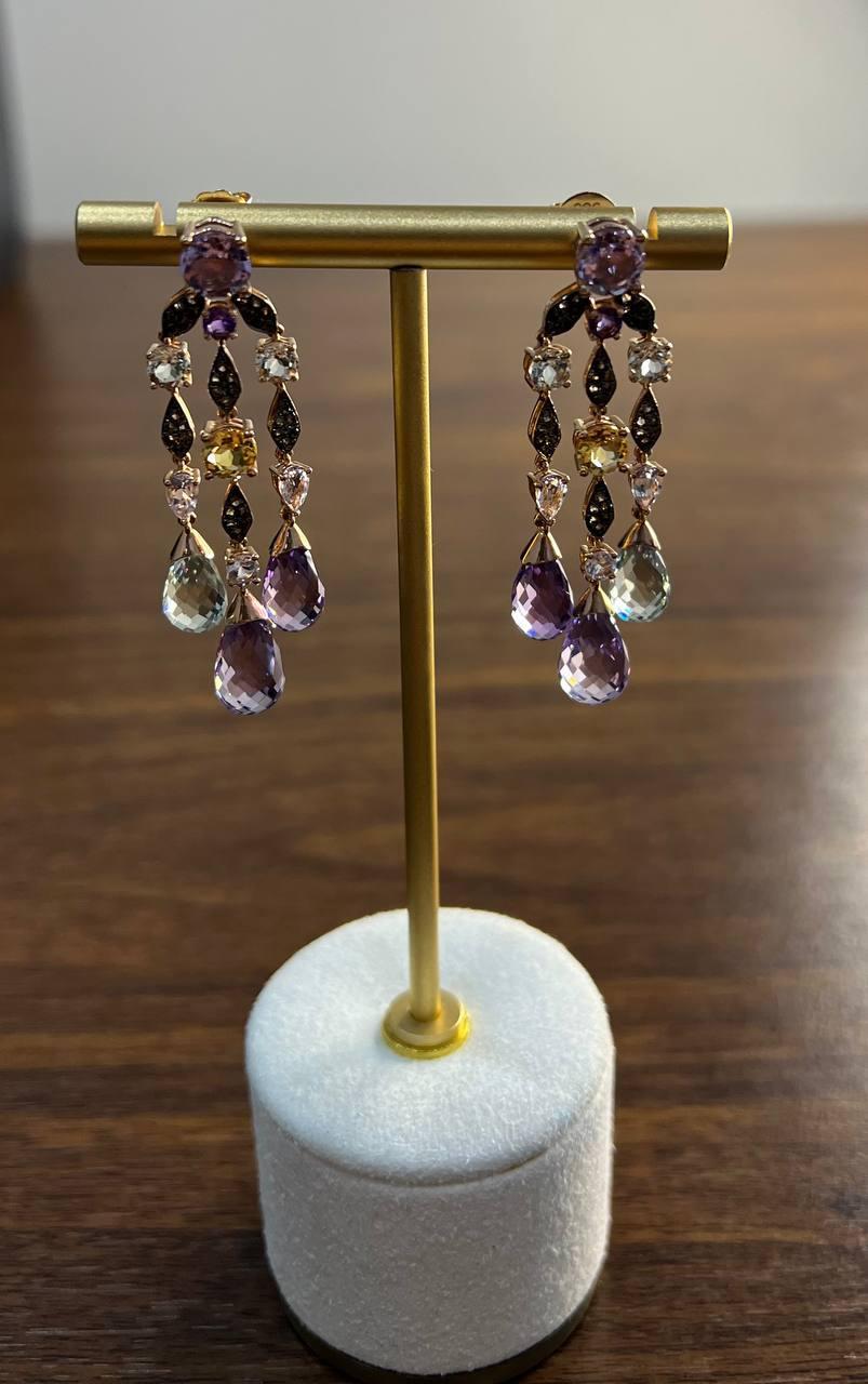 Violet Amethyst Blue Topaz Citrine Green Prasiolite 14K Rose Gold Drop Earrings In New Condition For Sale In Oakton, VA