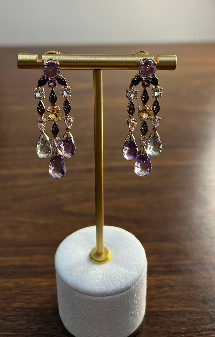 Women's Violet Amethyst Blue Topaz Citrine Green Prasiolite 14K Rose Gold Drop Earrings For Sale
