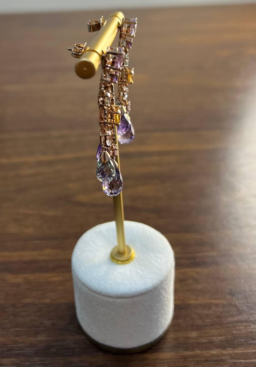 Violet Amethyst Blue Topaz Citrine Green Prasiolite 14K Rose Gold Drop Earrings For Sale 1