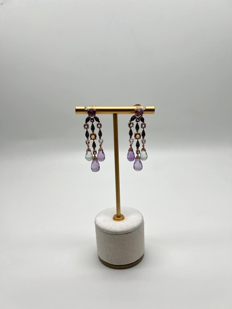Violet Amethyst Blue Topaz Citrine Green Prasiolite 14K Rose Gold Drop Earrings For Sale 3