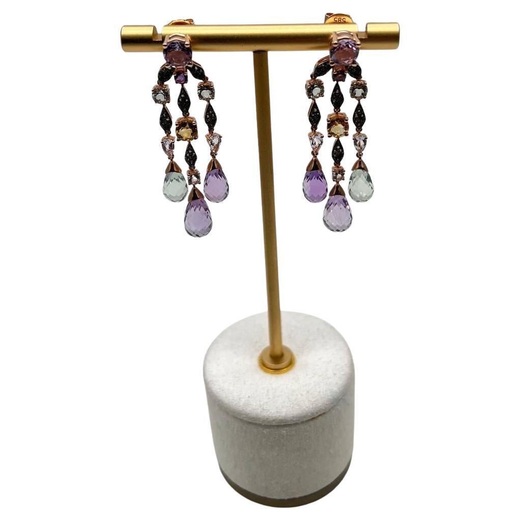 Violet Amethyst Blue Topaz Citrine Green Prasiolite 14K Rose Gold Drop Earrings