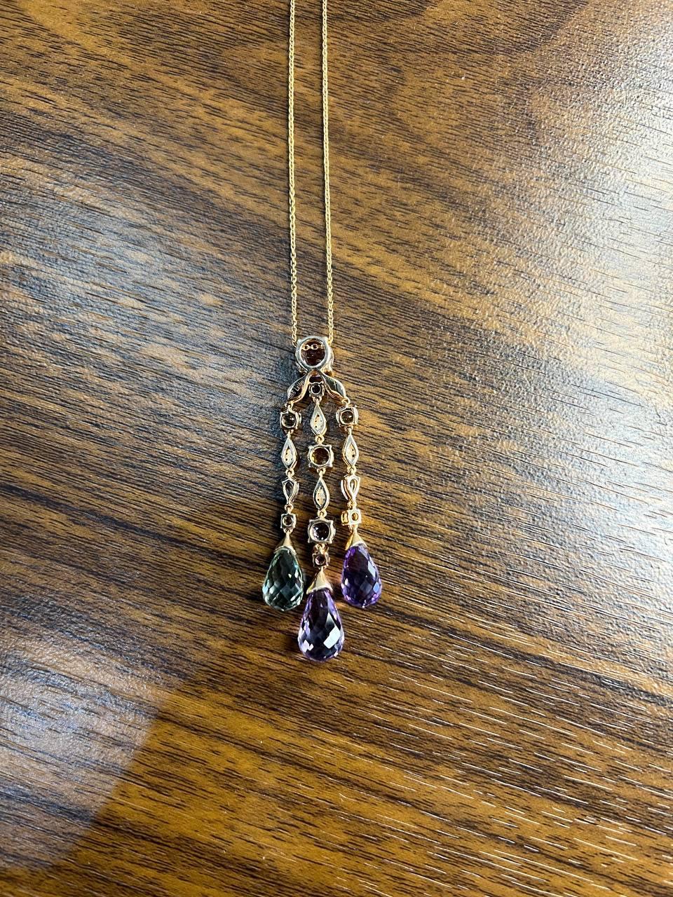 Violet Amethyst Blue Topaz Citrine Green Prasiolite Rose Gold Pendant Necklace For Sale 5