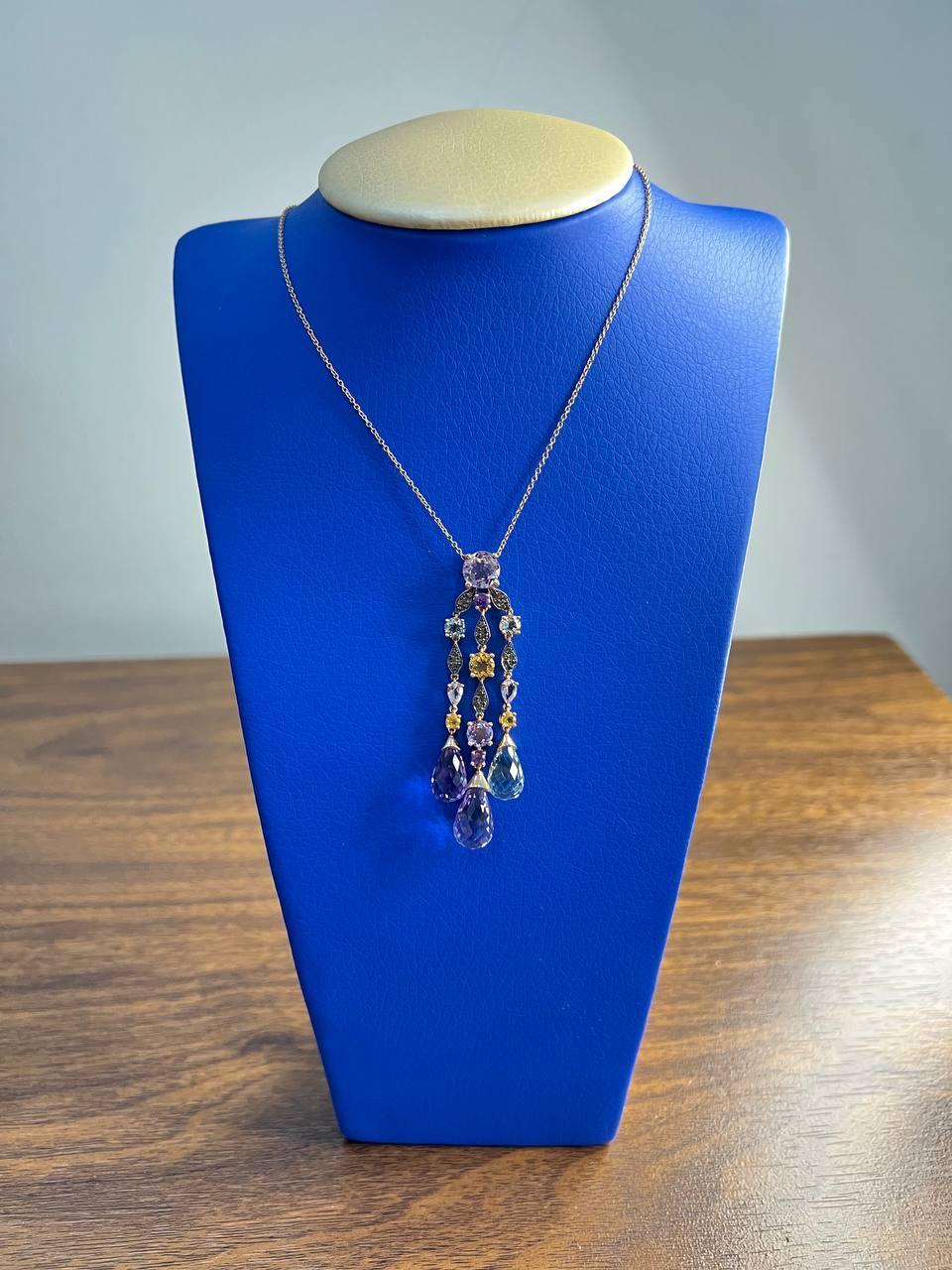 Violet Amethyst Blue Topaz Citrine Green Prasiolite Rose Gold Pendant Necklace For Sale 6