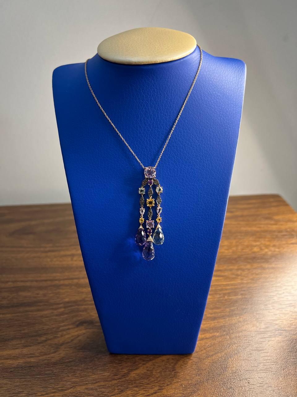 Violet Amethyst Blue Topaz Citrine Green Prasiolite Rose Gold Pendant Necklace For Sale 7