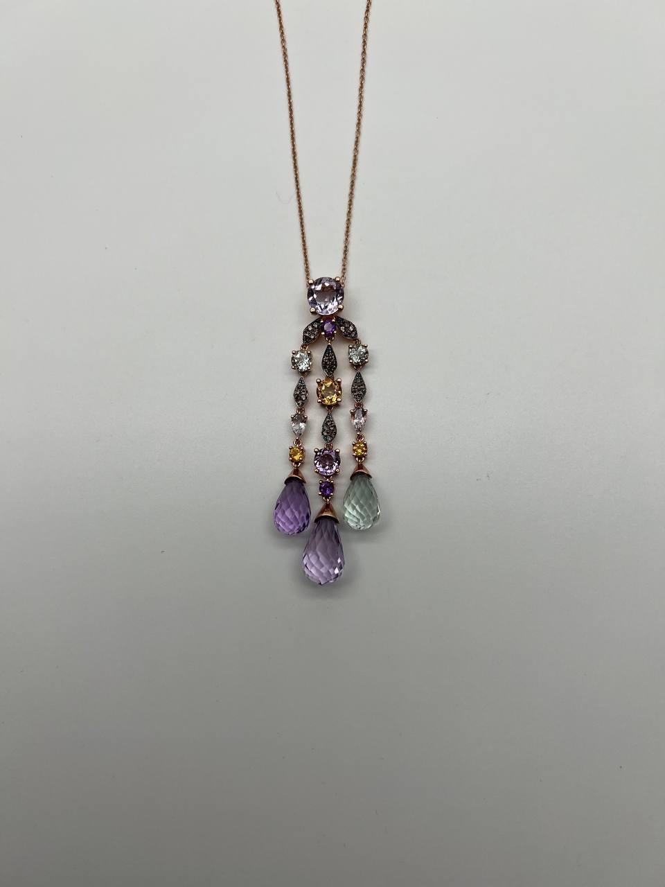 Mixed Cut Violet Amethyst Blue Topaz Citrine Green Prasiolite Rose Gold Pendant Necklace For Sale