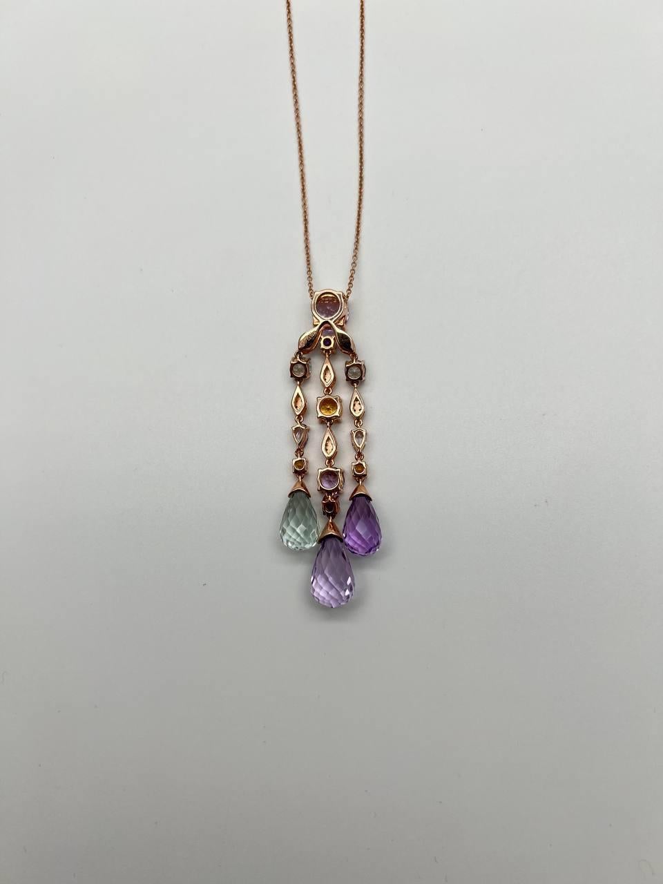Violet Amethyst Blue Topaz Citrine Green Prasiolite Rose Gold Pendant Necklace In New Condition For Sale In Oakton, VA