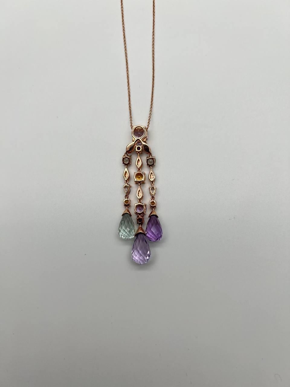 Women's Violet Amethyst Blue Topaz Citrine Green Prasiolite Rose Gold Pendant Necklace For Sale