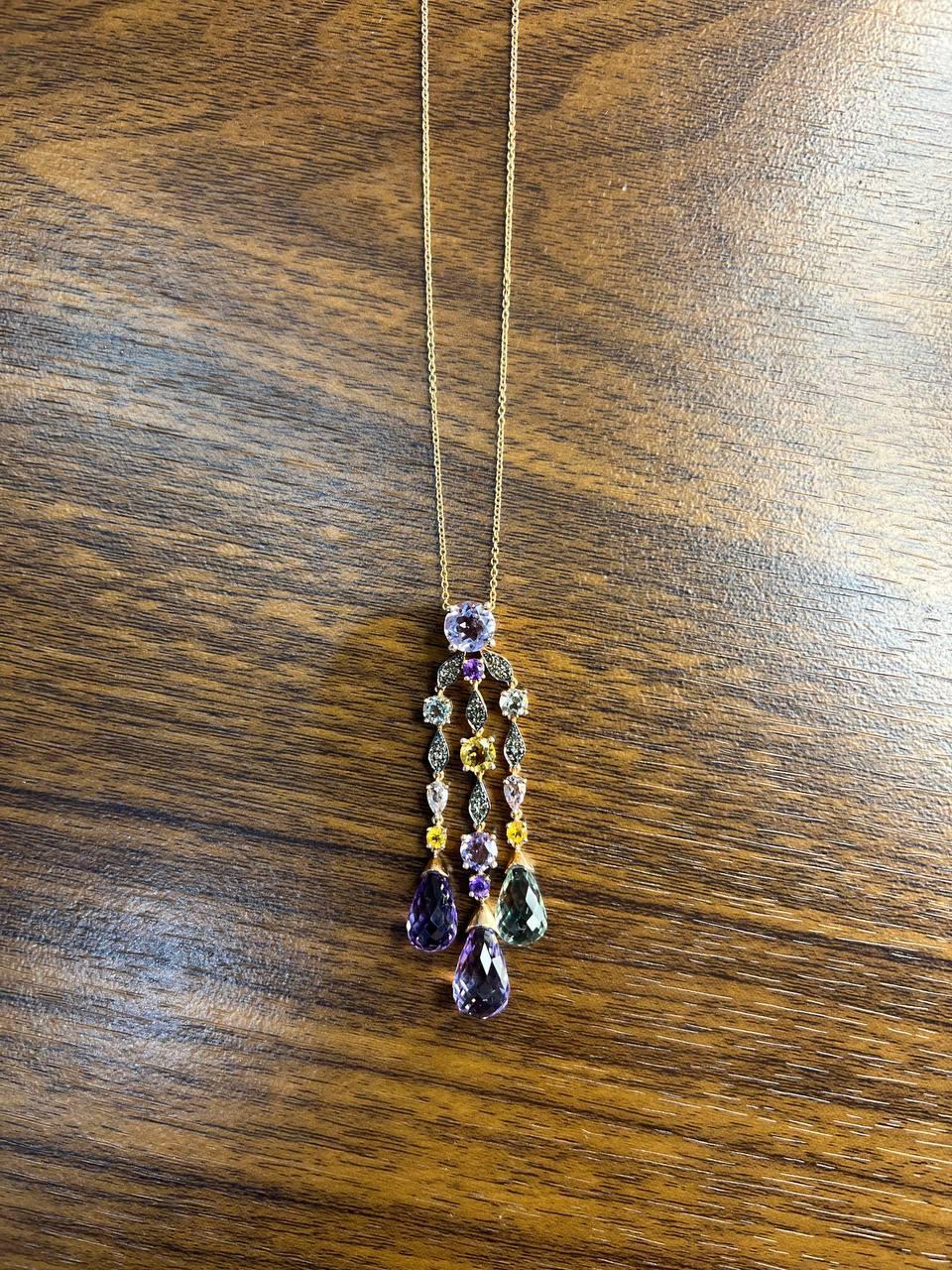 Violet Amethyst Blue Topaz Citrine Green Prasiolite Rose Gold Pendant Necklace For Sale 1