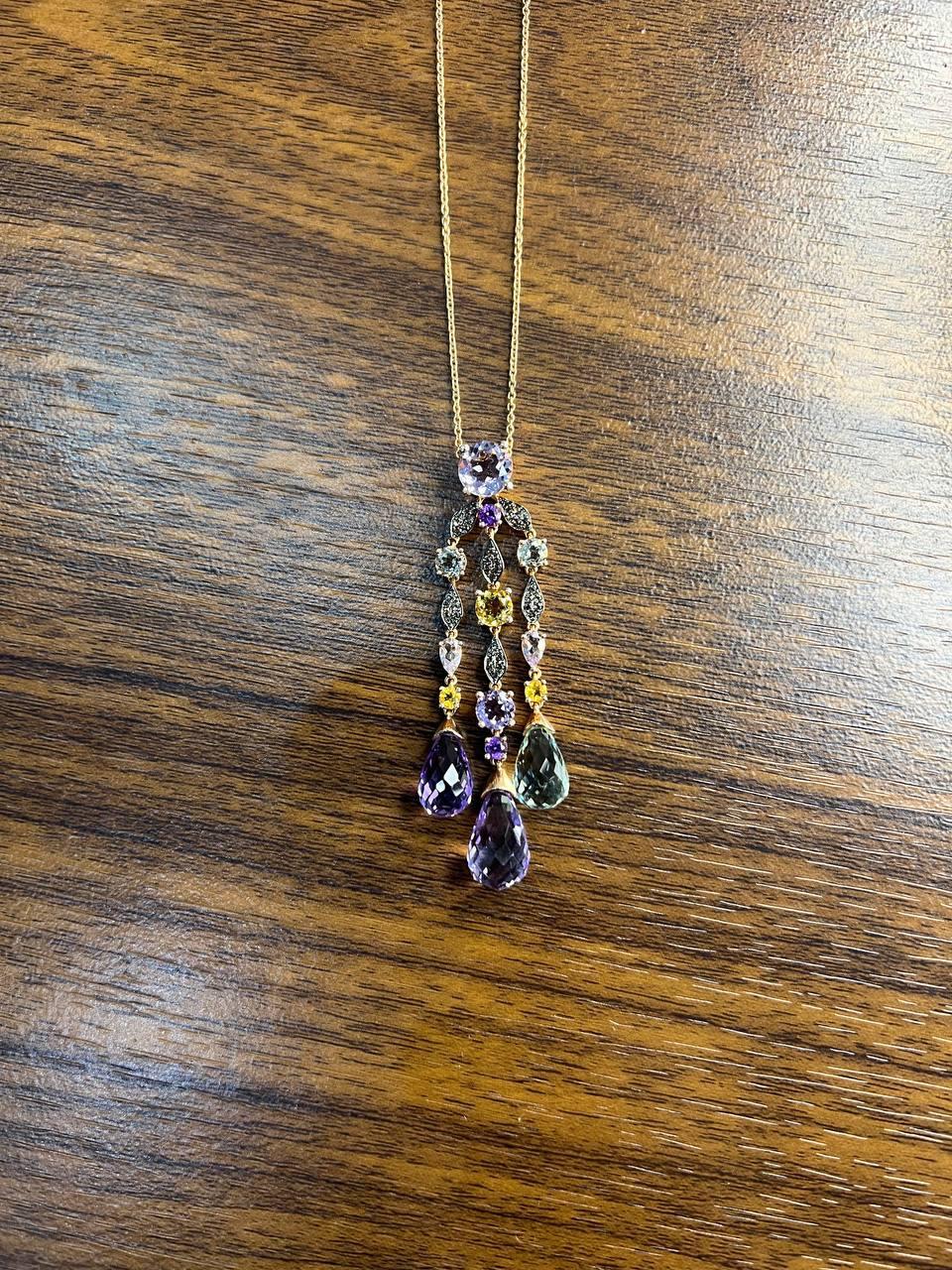 Violet Amethyst Blue Topaz Citrine Green Prasiolite Rose Gold Pendant Necklace For Sale 2