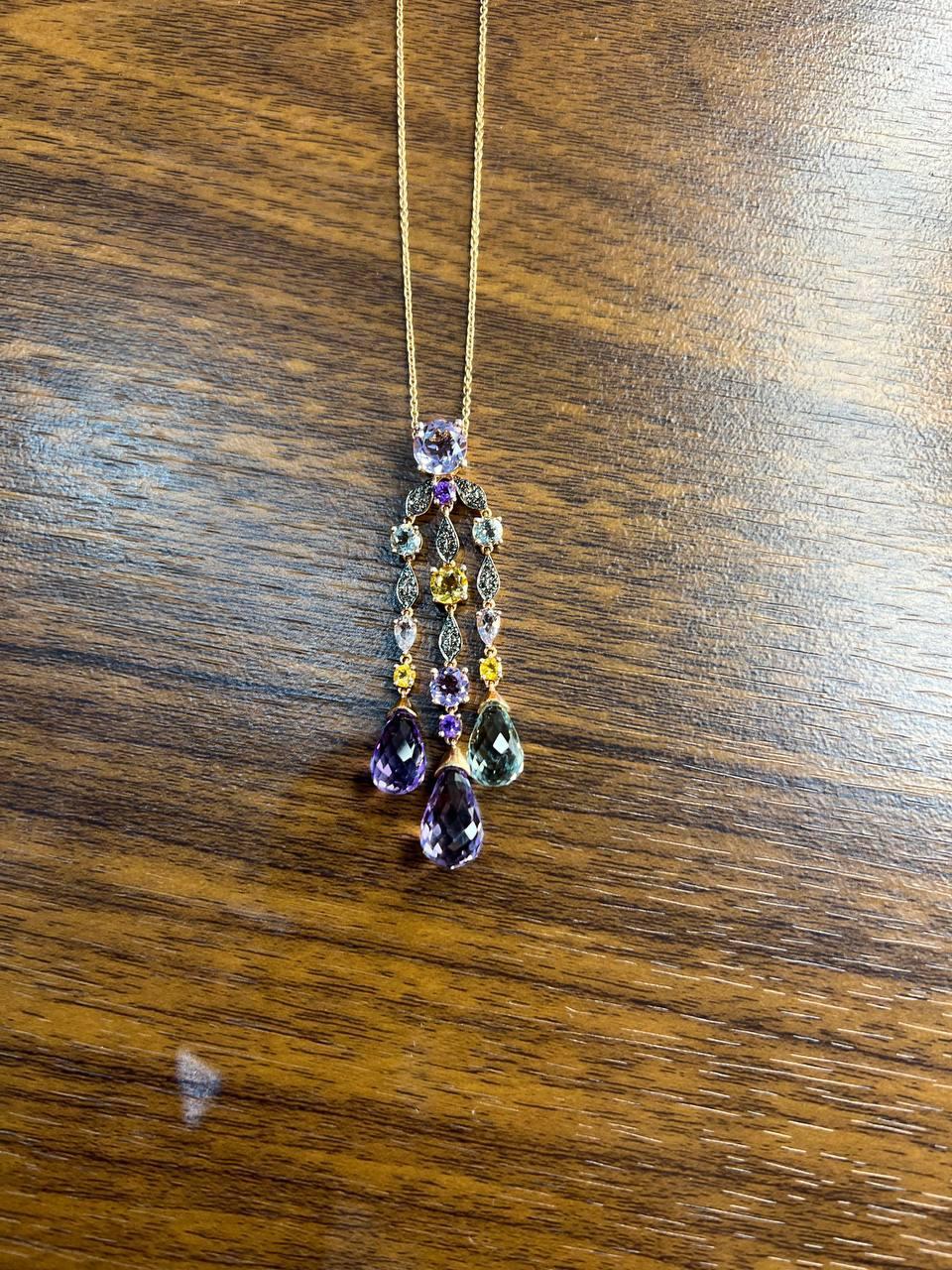 Violet Amethyst Blue Topaz Citrine Green Prasiolite Rose Gold Pendant Necklace For Sale 3
