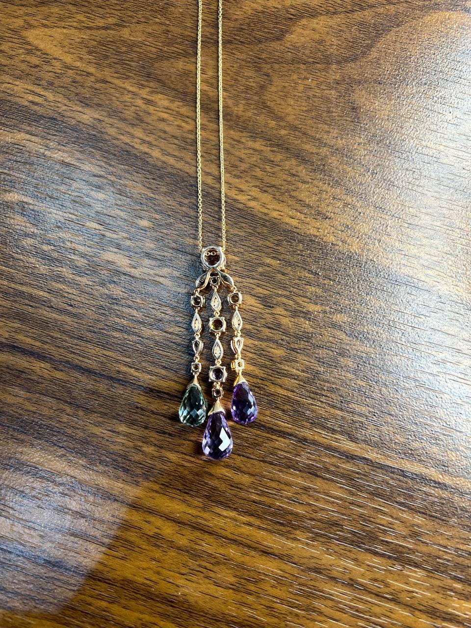 Violet Amethyst Blue Topaz Citrine Green Prasiolite Rose Gold Pendant Necklace For Sale 4