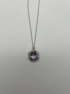 Violet Amethyst Halo Diamonds Citrine Blue Topaz 14K White Gold Pendant Necklace