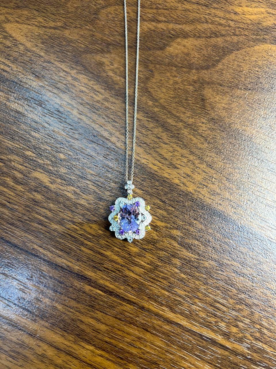 Violet Amethyst Halo Diamonds Citrine Blue Topaz 14K White Gold Pendant Necklace For Sale 3