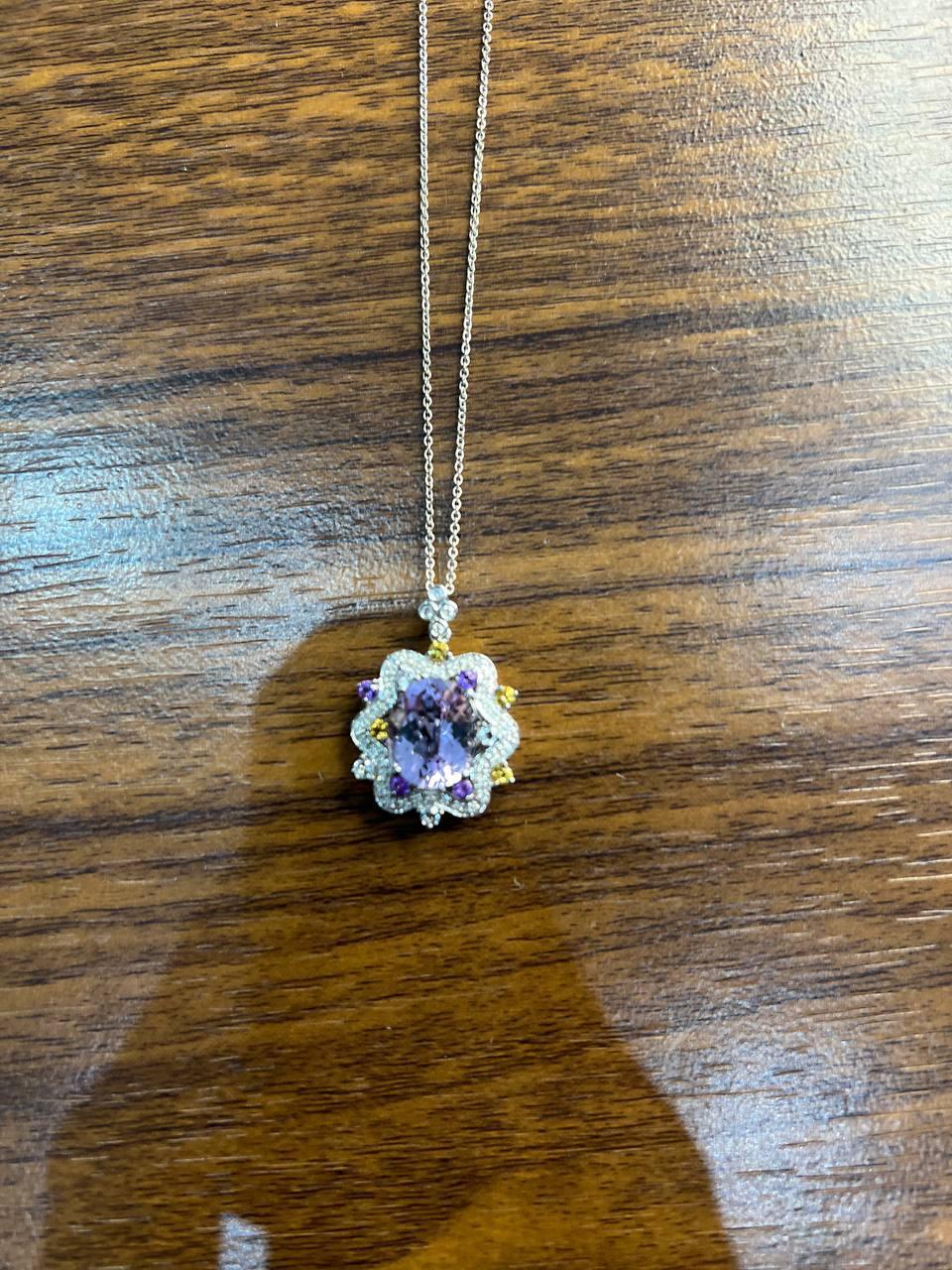 Violet Amethyst Halo Diamonds Citrine Blue Topaz 14K White Gold Pendant Necklace For Sale 4
