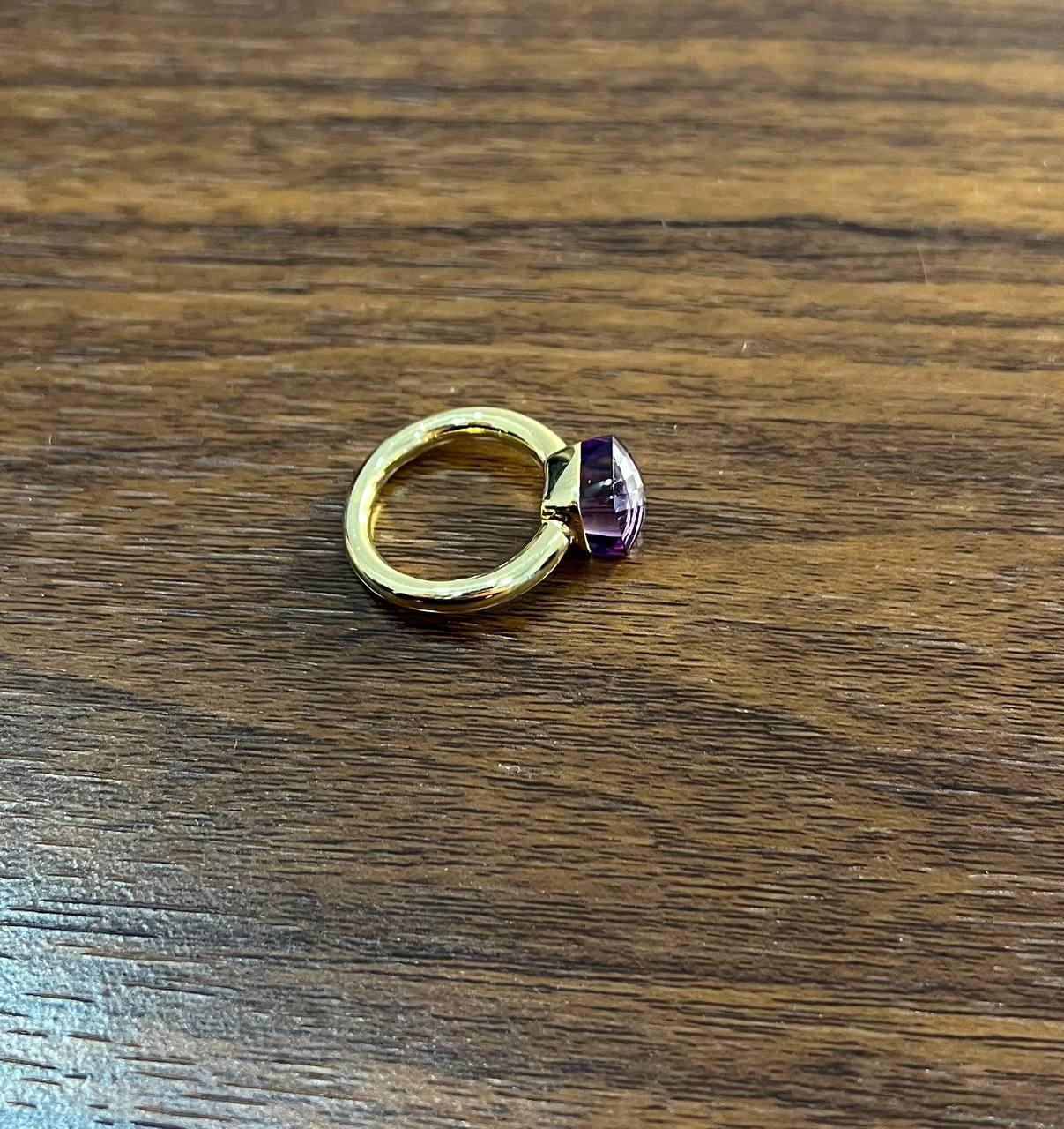 Cushion Cut Violet Amethyst Unique Nudo Faceted Cut 14K Yellow Gold Statement Cocktail Ring For Sale