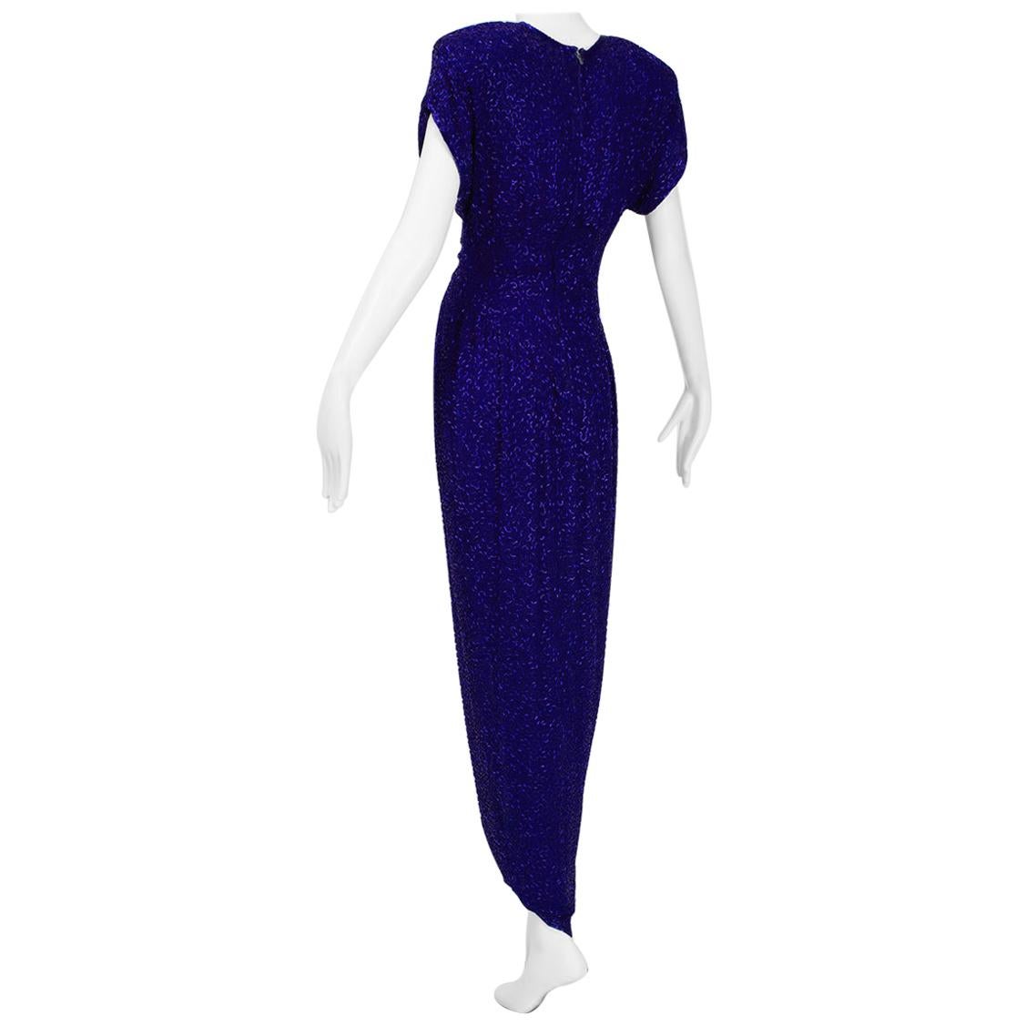Violet Art Deco Beaded Hobble Gown with Pointed Waterfall Skirt - Small, 1980s