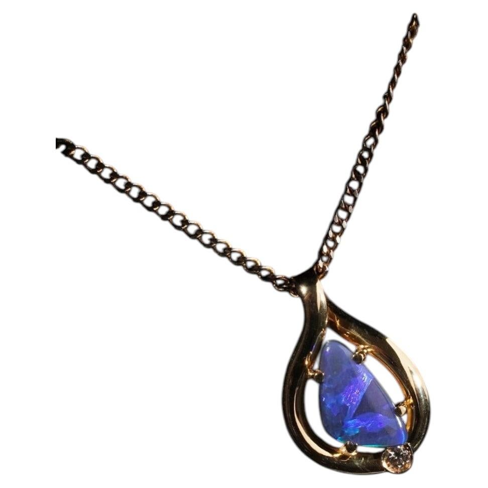 Violet Blue Australian Solid Black Opal Diamond 18k Gold Pendant Charm Triangle