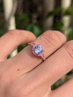 Ring mit runden Steinen aus violettblauem Tansanit und rosa Saphir, 9 Karat Roségold, Größe J.5 / 5