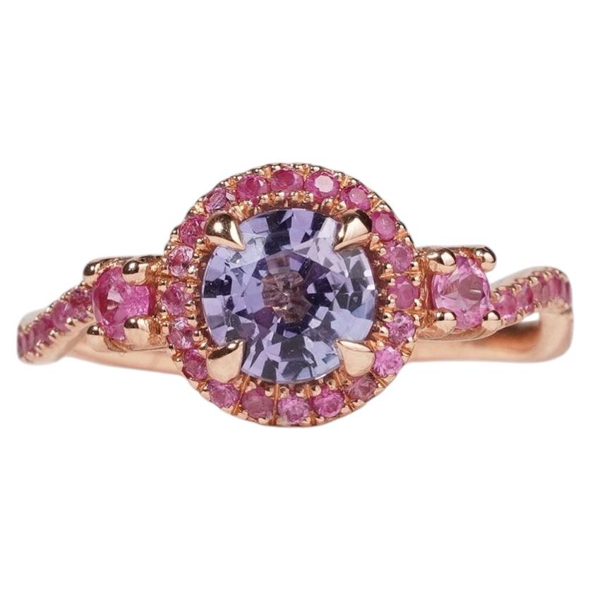Ring mit runden Steinen aus violettblauem Tansanit und rosa Saphir, 9 Karat Roségold, Größe J.5 / 5 im Angebot