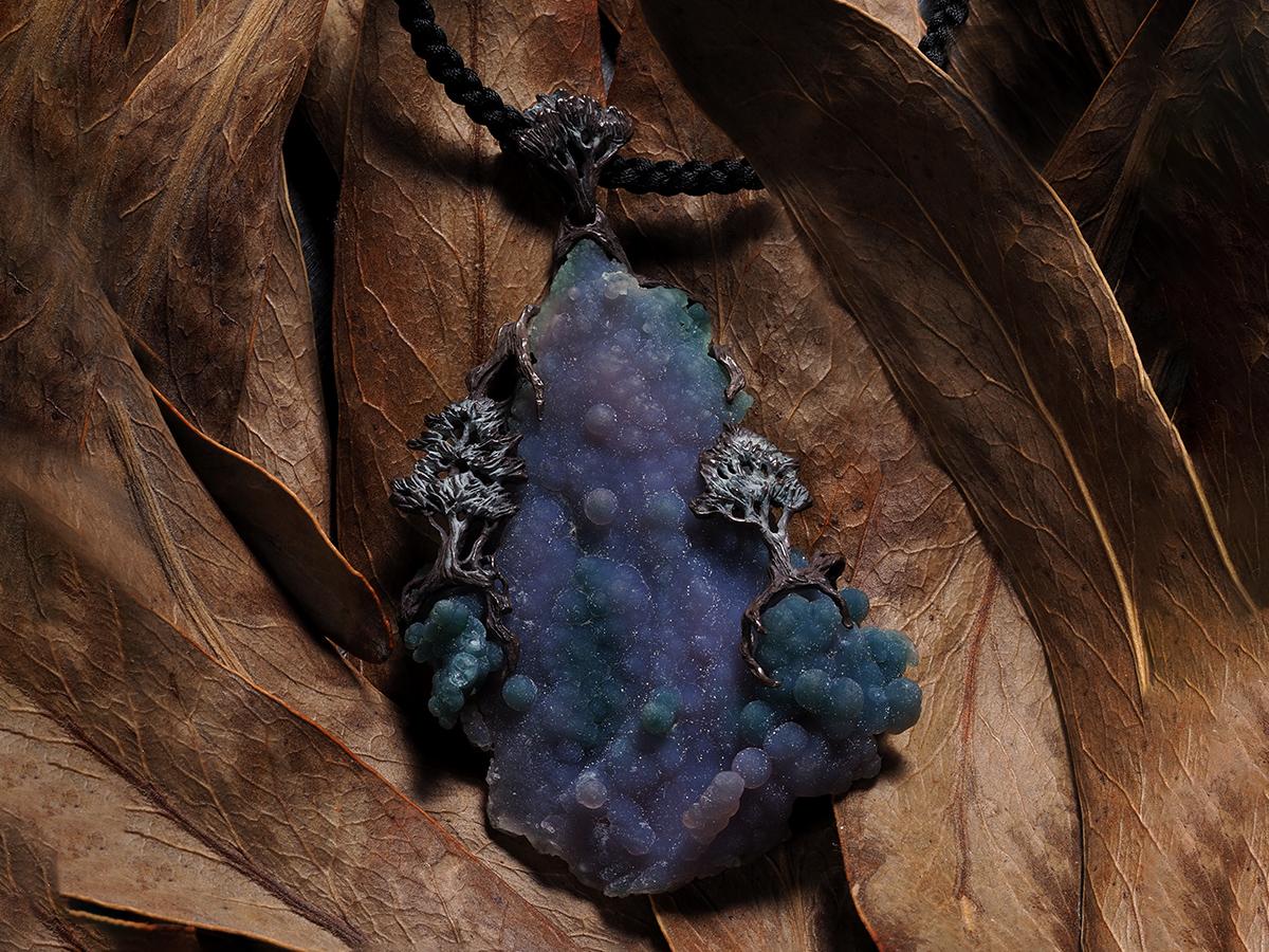 Art Nouveau Violet Grape Chalcedone black silver pendant Bonsai style gift LOTR style friend For Sale