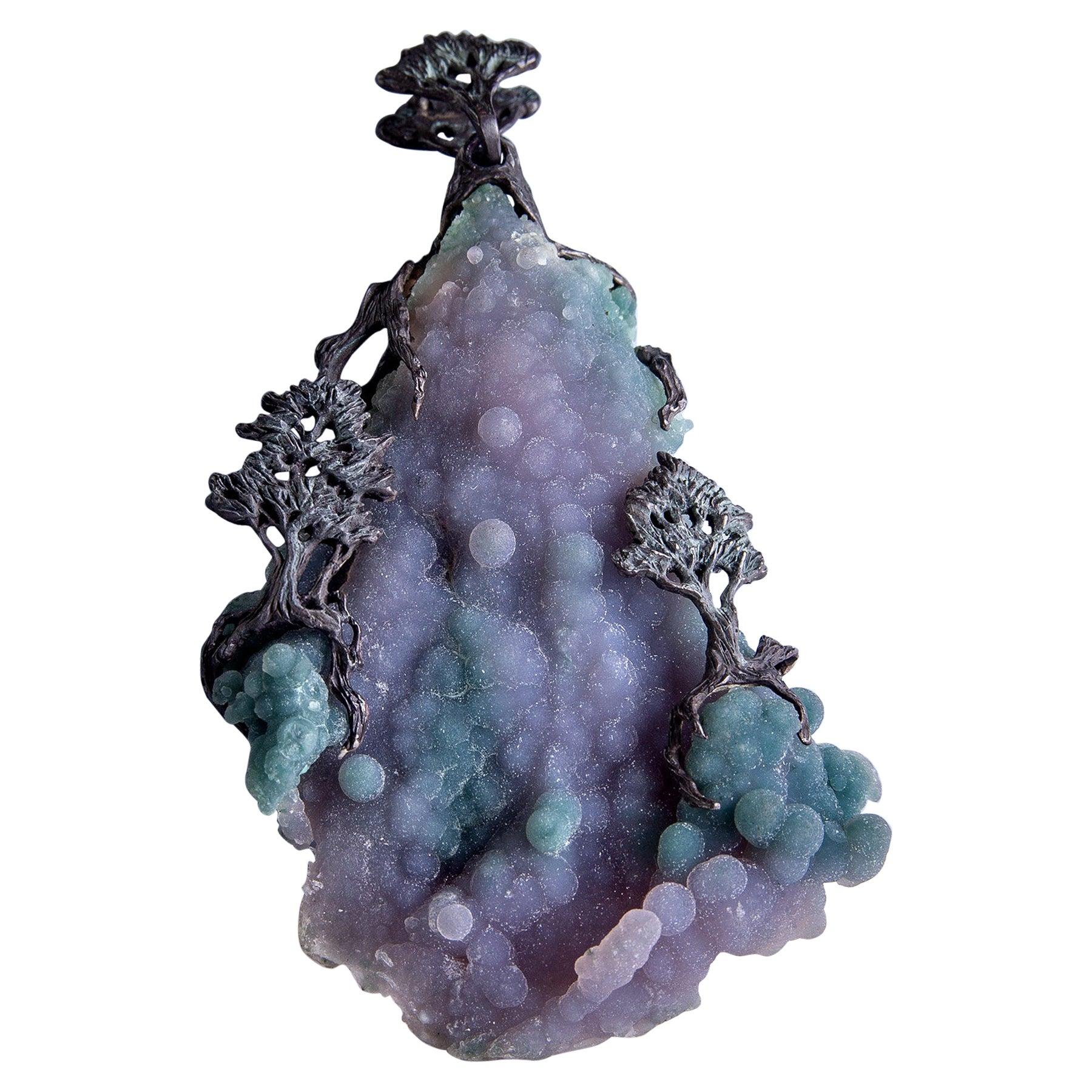 Violet Grape Chalcedone black silver pendant Bonsai style For Sale 9