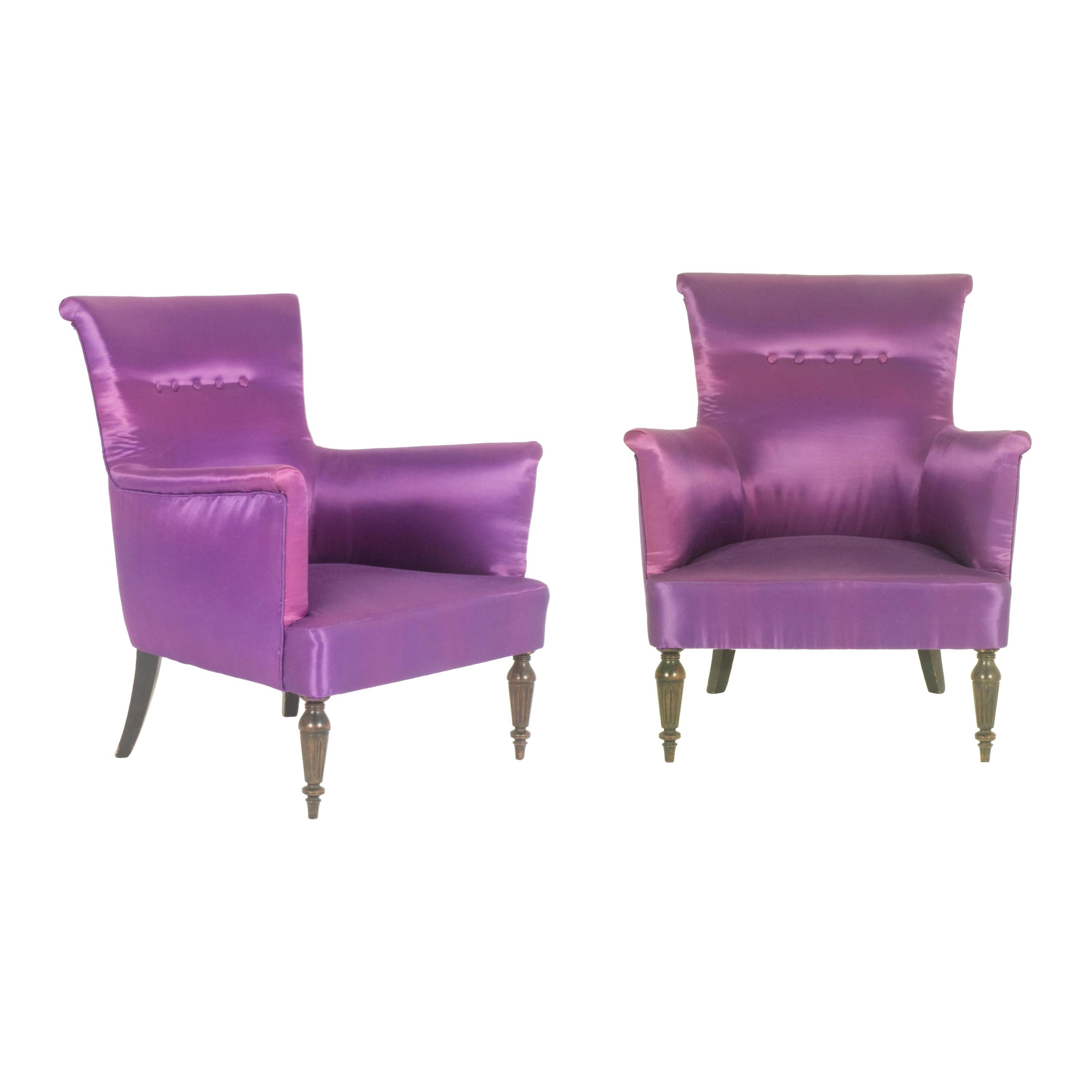 Italienische Sessel aus violettem Stoff aus den 1950er Jahren, Zweier-Set im Angebot