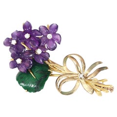 Vintage Violet Flower Amethyst Jade Diamond Brooch Pin 18 Karat Gold, 1949