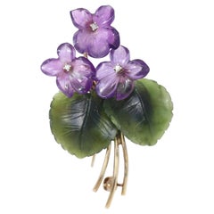 Vintage Violet Flower Amethyst Jade Diamond Gold Brooch Pin, 1950