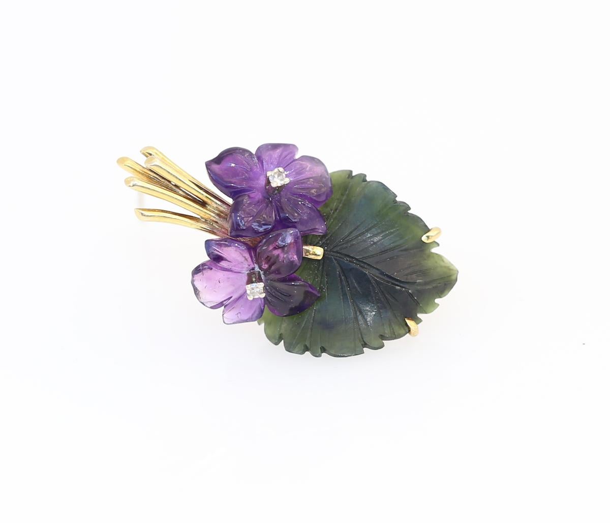 Round Cut Violet Flower Bouquet Amethyst Jade Diamond Gold Brooch Pin, 1950