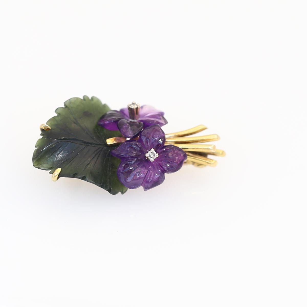Women's or Men's Violet Flower Bouquet Amethyst Jade Diamond Gold Brooch Pin, 1950